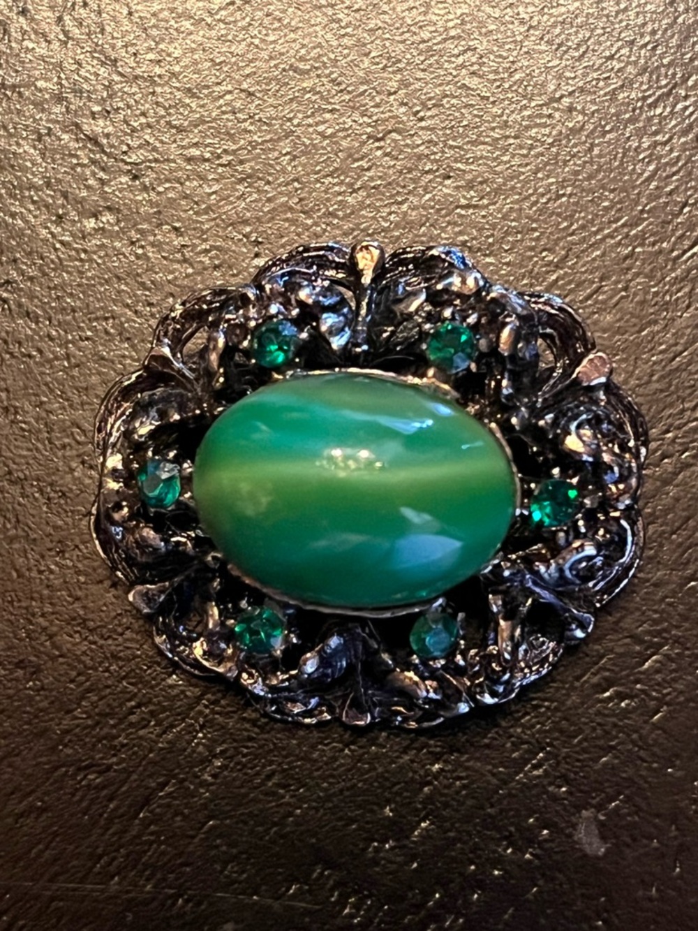 Vintage Silver Tone Green Cabochon Filigree Brooch with Green Rhinestones